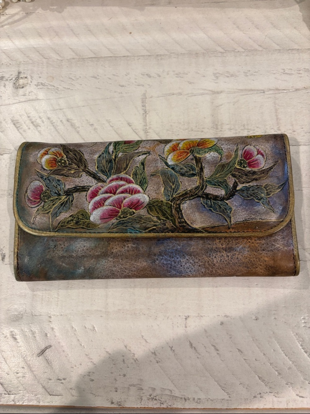 Hand-Painted Floral Leather Wallet - Brown with Pink & Green Accents